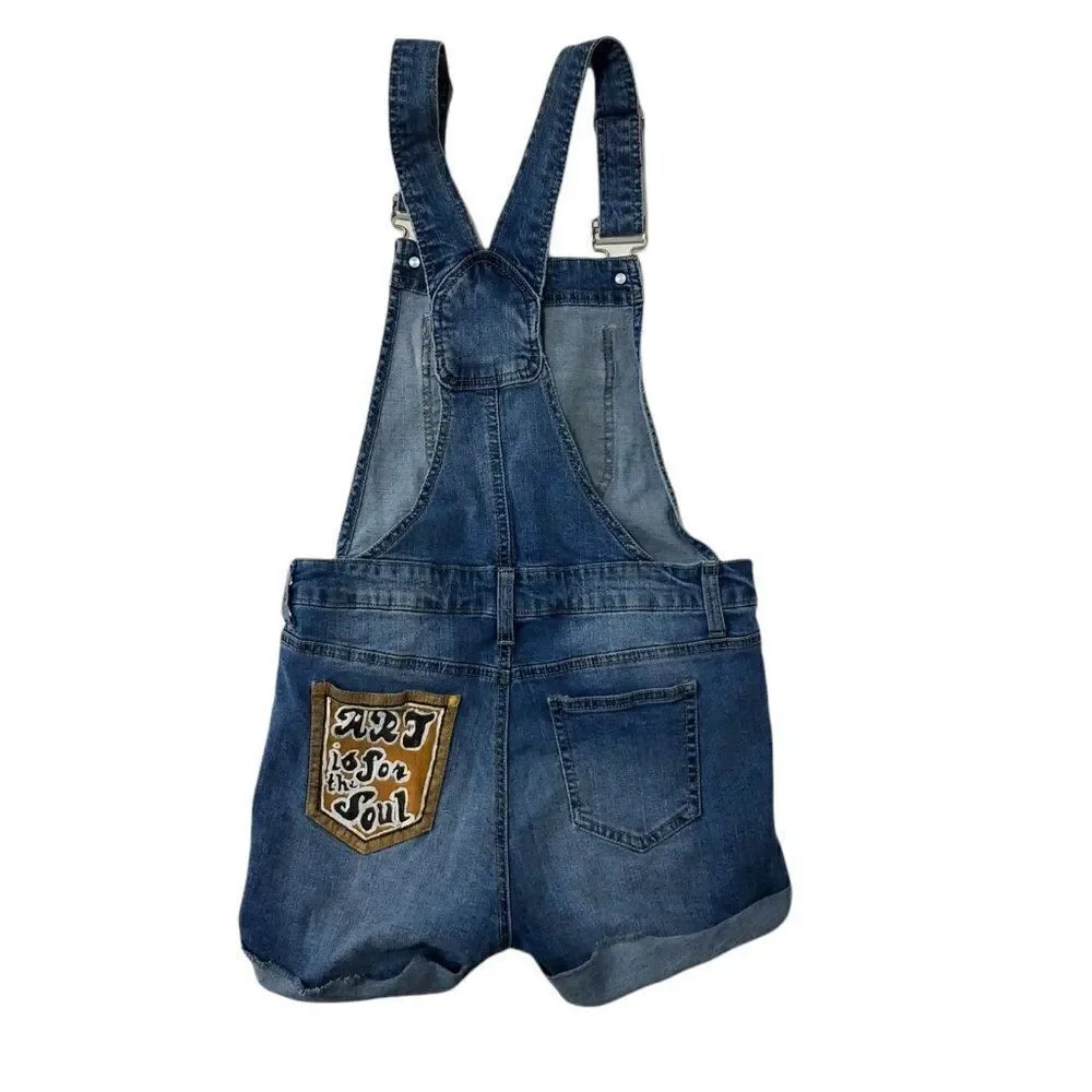 Distressed Denim Bib Overalls Paint Splatter Blue Spice Shortalls Juniors Size 5 - Picture 2 of 7